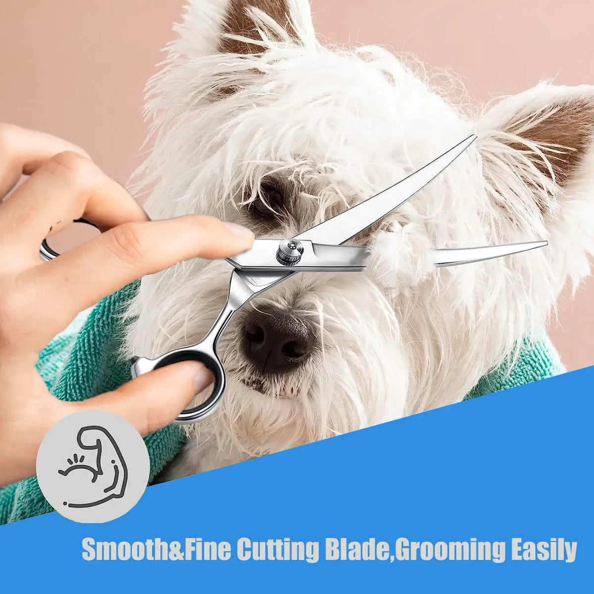 Pet grooming scissors with rounded safety tips and ergonomic handle for trimming dog and cat fur safely and precisely.