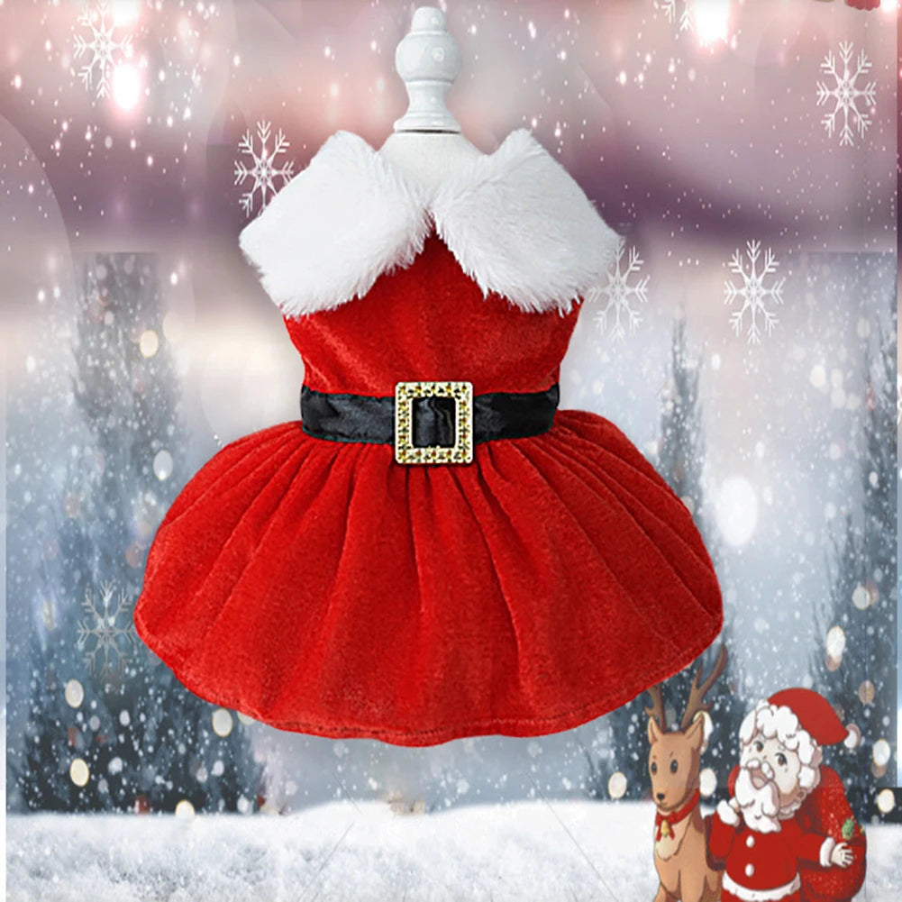 Red Christmas dog dress with glittering belt for small dogs and cats