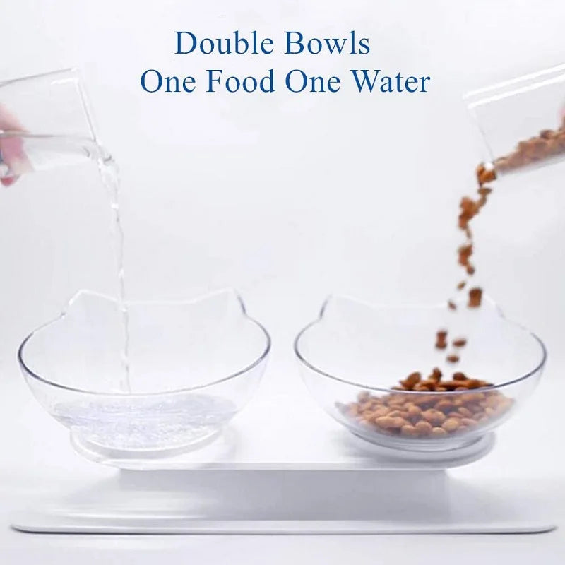 Non slip pet bowl set with double bowls for food and water, featuring a clear ergonomic design.