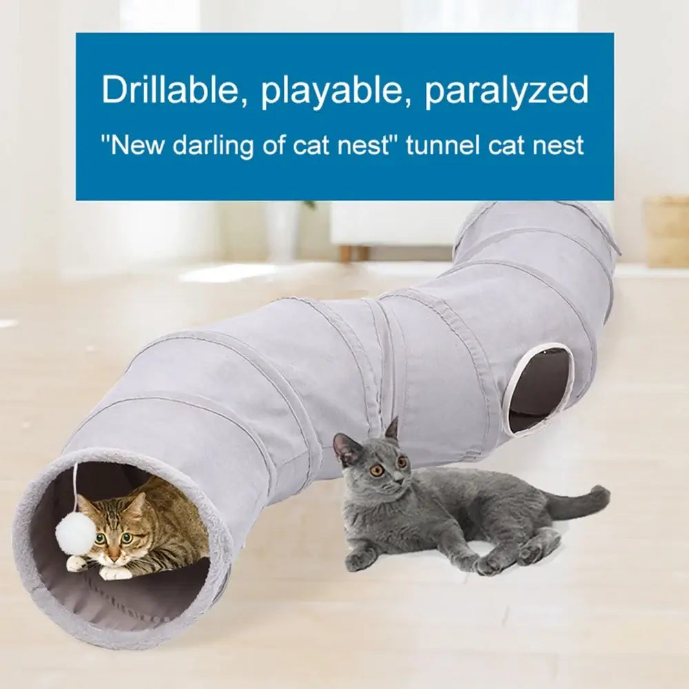 Collapsible cat tunnel featuring playful cats, durable design, and interactive peek holes for endless fun.