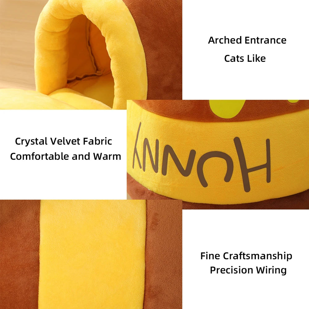 Honey pot-shaped soft plush cat bed with removable cushion for indoor cats