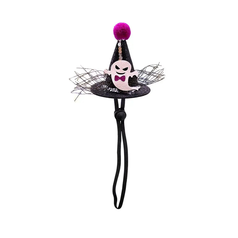 Halloween witch and wizard hat costume for cats and small dogs with adjustable strap for a magical look.