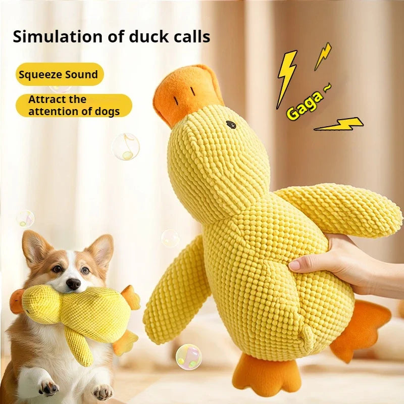 Calming pet toy featuring a plush duck design that squeaks to attract dogs and provides interactive fun.