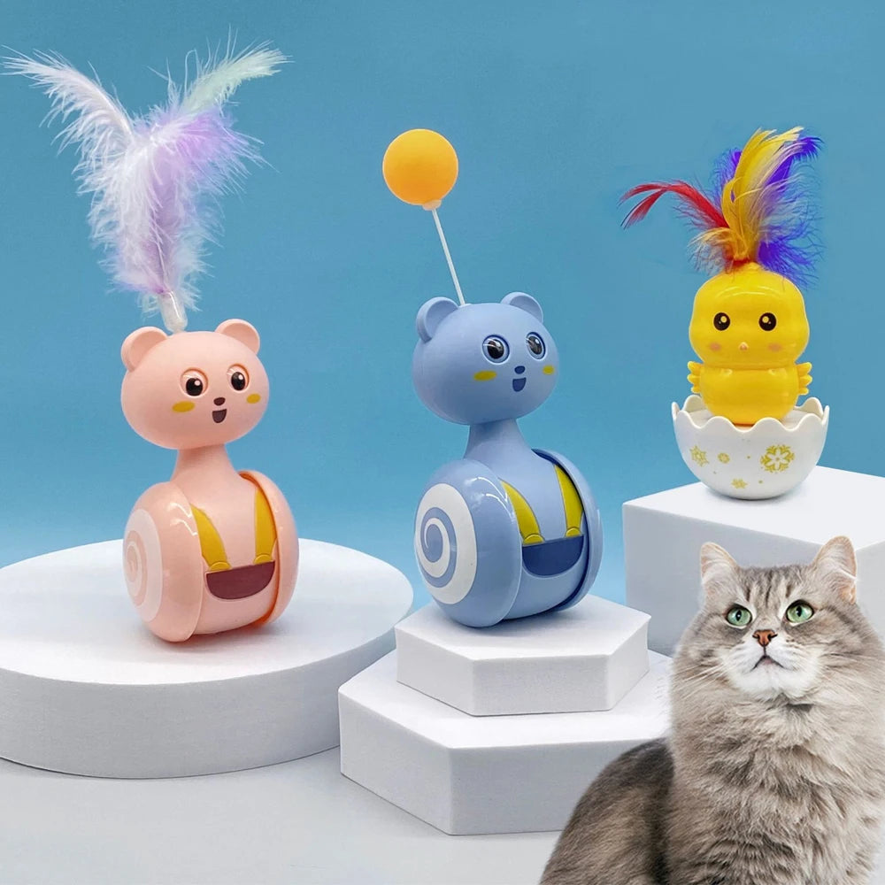 Colorful tumbler cat toy collection with feather wands for playful cats, enhancing physical activity and mental stimulation.