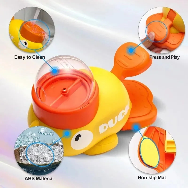 Interactive feeder featuring a duck toy with easy-to-clean design, press and play function, and non-slip mat.