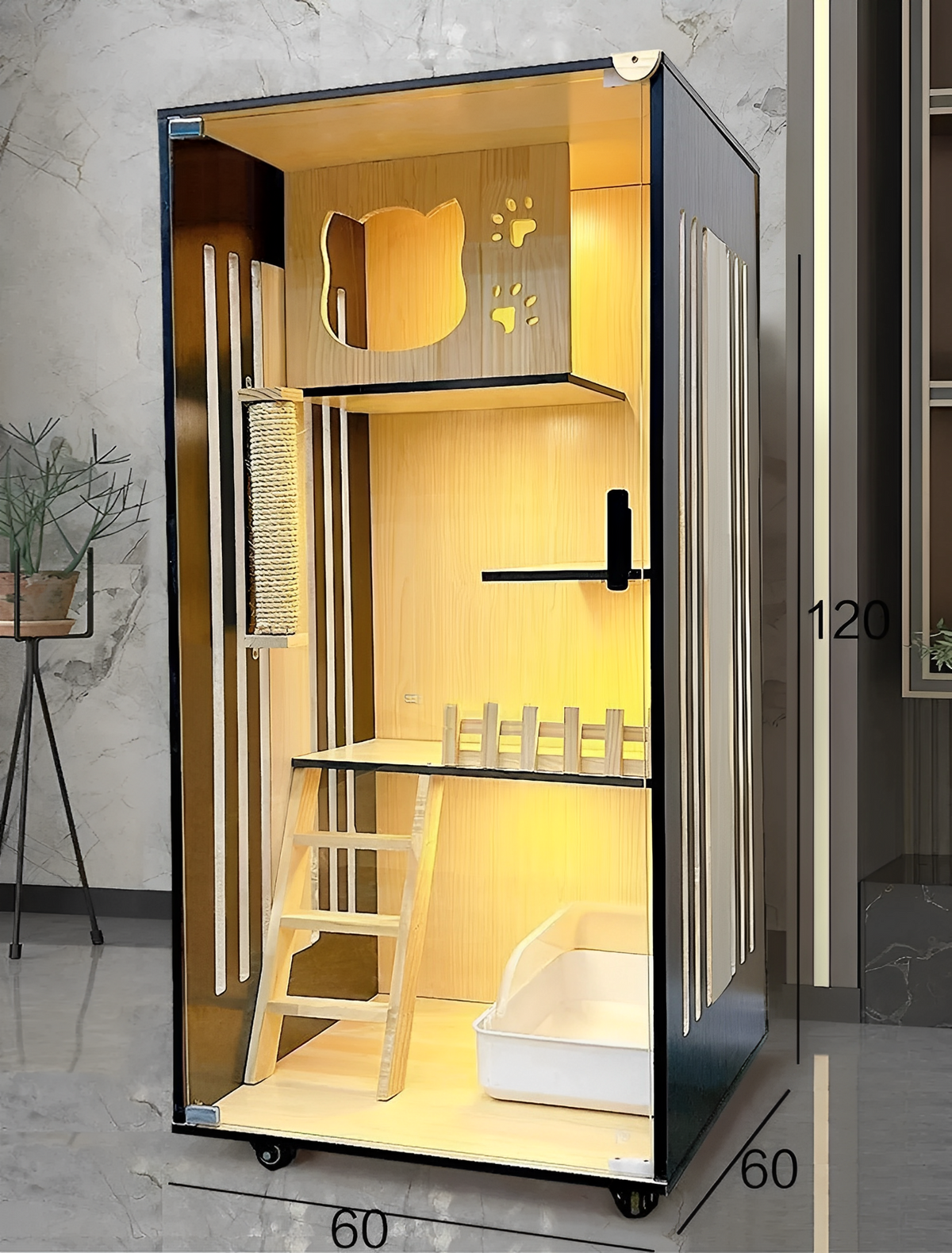 Luxury cat villa showcasing a spacious multi-level design with ramps, cozy hideaways, and modern aesthetics.