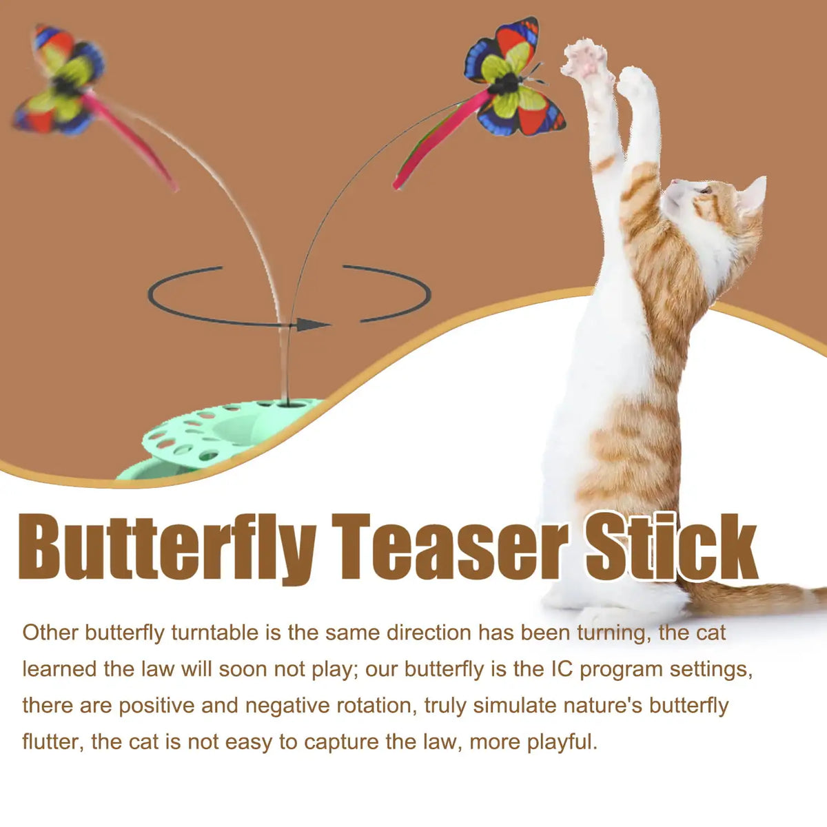 Interactive cat toy featuring a butterfly teaser stick for engaging feline play and exercise.