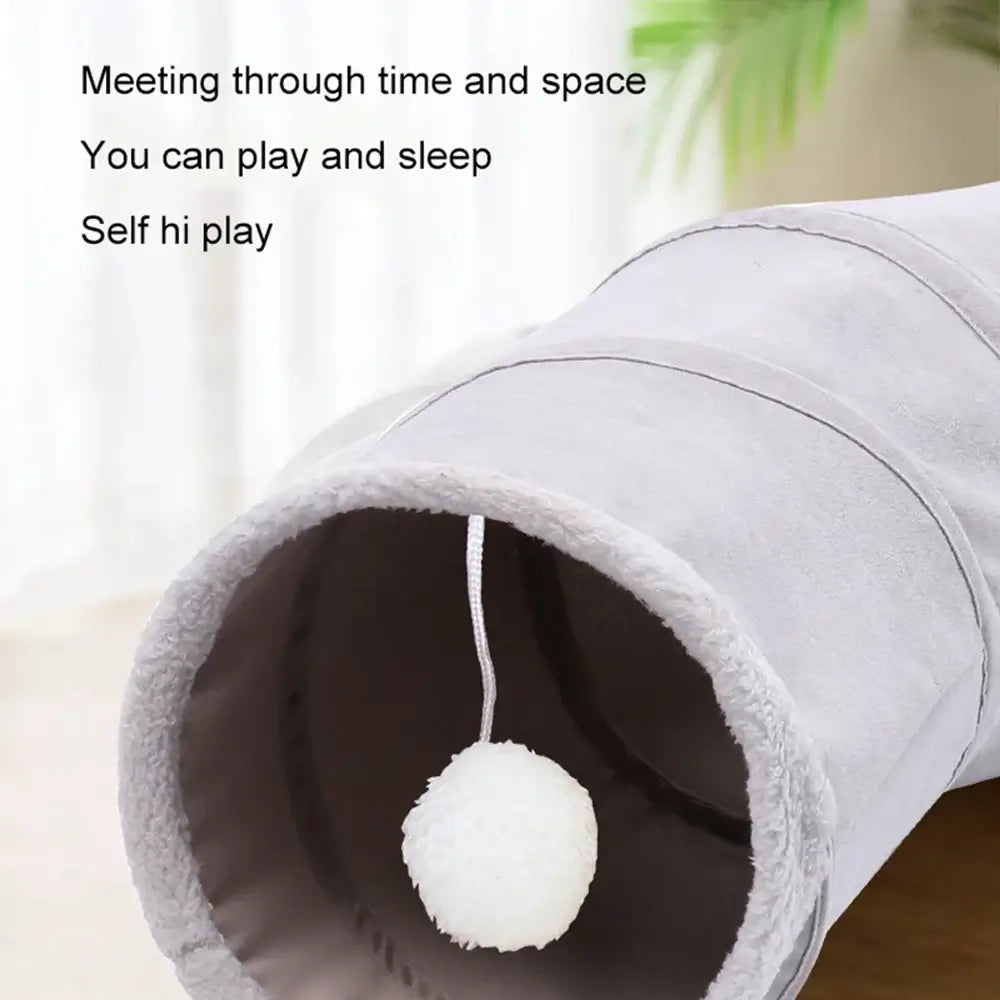 Collapsible cat tunnel featuring a cozy design with a fluffy ball for interactive play and napping.