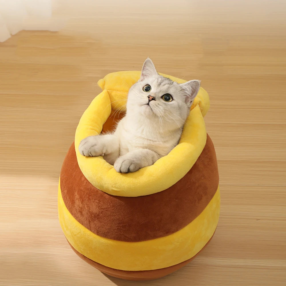 Honey pot-shaped soft plush cat bed with removable cushion for indoor cats