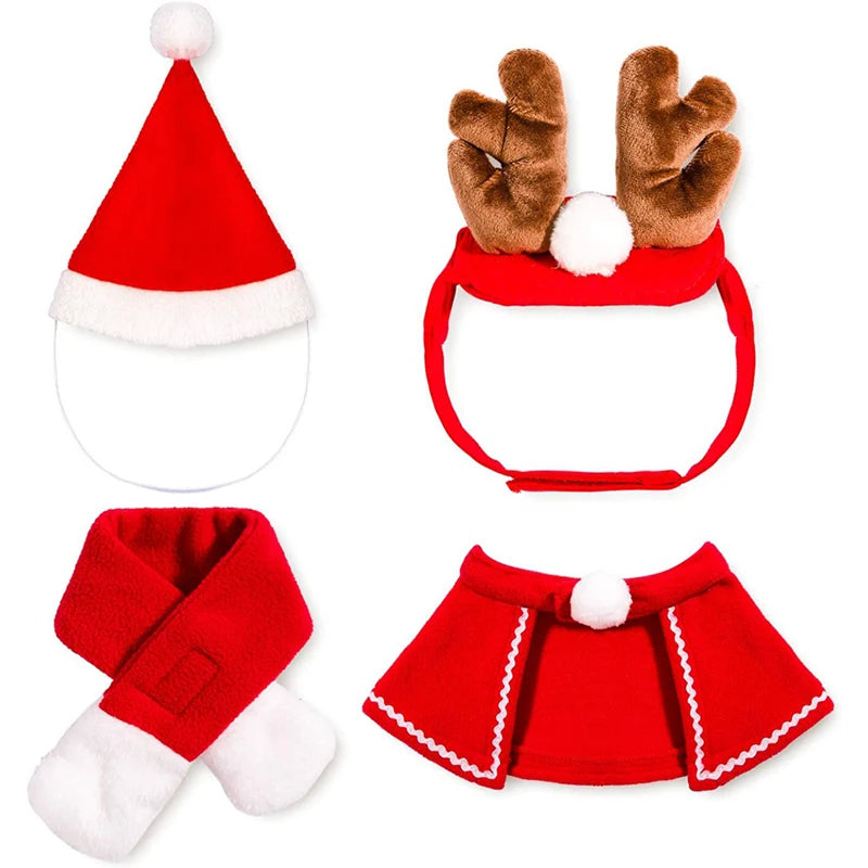 Christmas pet costume outfit set for cats and dogs with Santa hat, reindeer antlers, red scarf, and cozy cloak.