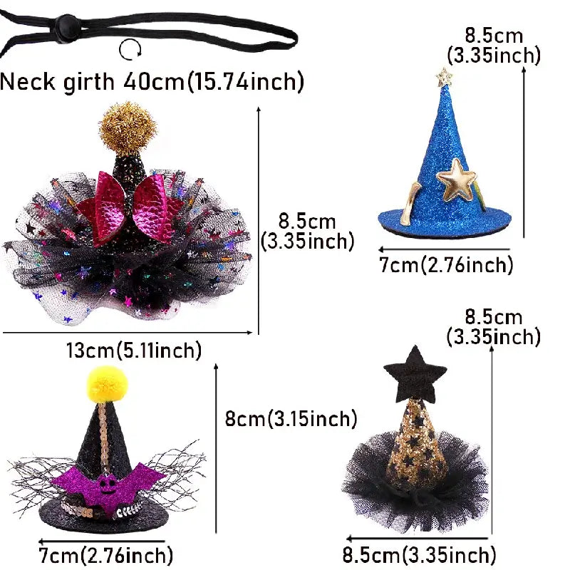 Halloween witch and wizard hat costume for cats and small dogs with adjustable strap for a magical look.