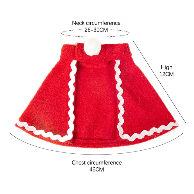 Christmas pet costume red cloak with white trim, suitable for cats and small dogs, measuring neck and chest circumference.