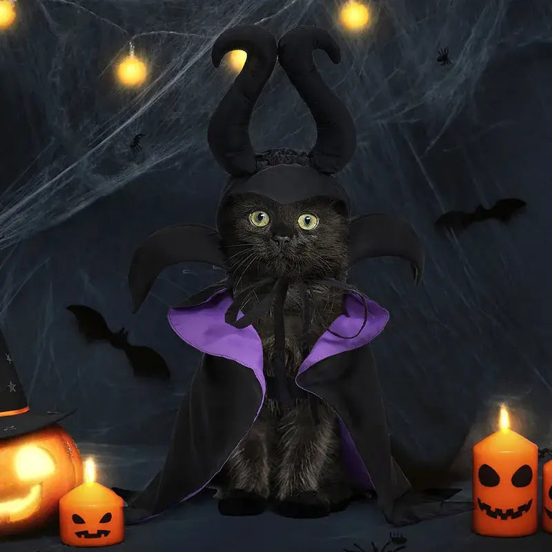 Maleficent-inspired Halloween cape and hat set for dogs and cats, perfect for spooky celebrations.