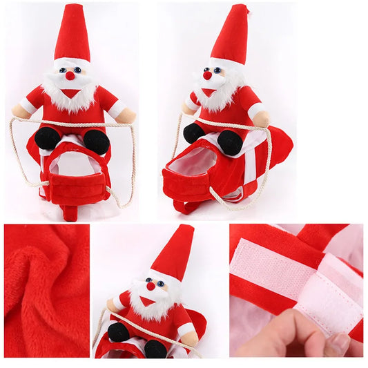 Christmas Pet Costume featuring a Santa Claus outfit for dogs with a plush toy on top.