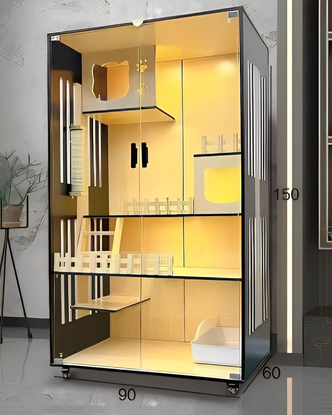 Luxury cat villa with modern design, spacious multi-level layout, perfect for lounging and playing.