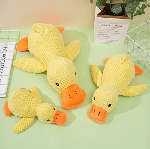 Calming pet toy in the shape of a duck, featuring durable plush design for interactive play with pets.