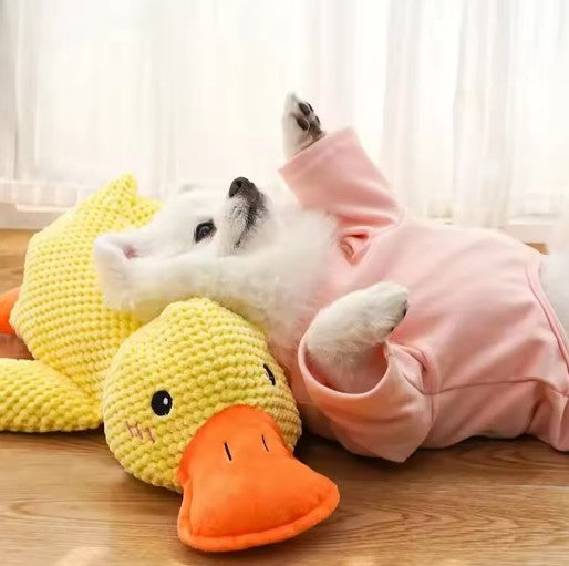 A fluffy dog in a pink outfit cuddling a cheerful yellow duck plush, promoting a calming pet toy.
