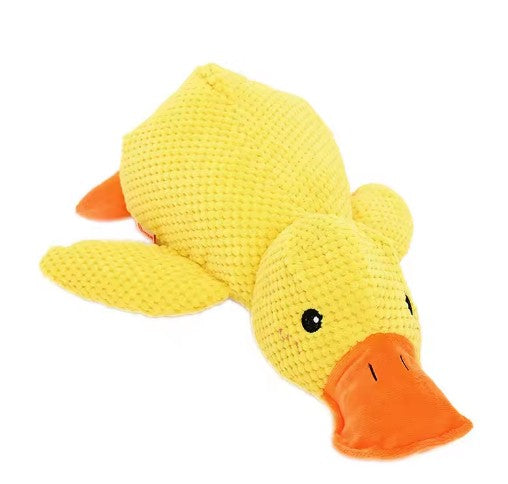Calming pet toy in the shape of a bright yellow duck, perfect for dogs and cats to chew and snuggle with.