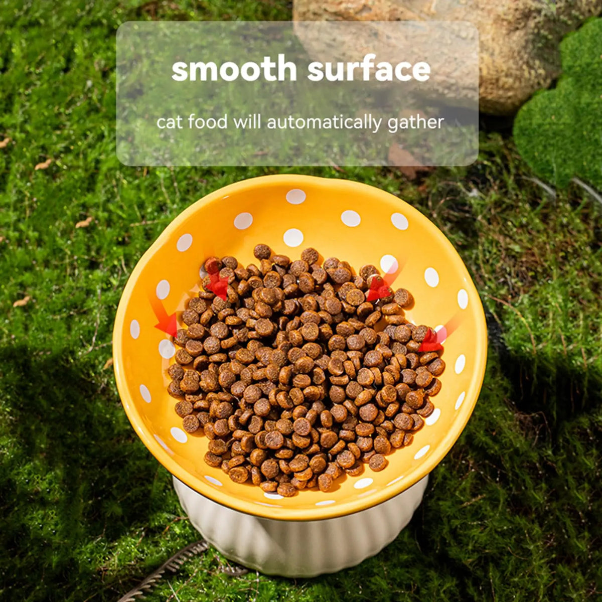 Ceramic cat feeder with smooth surface for automatic gathering of cat food and elevated design for comfortable feeding.