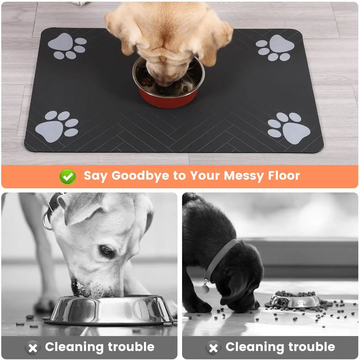 Pet feeding mat in use, preventing mess while feeding dogs, absorbent and waterproof feeding solution.