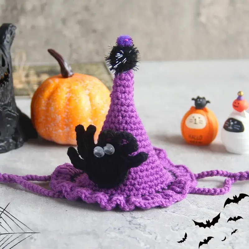Hand-knit Halloween Pet Collar Bib for cats and dogs, perfect for adding a spooky touch to Halloween costumes.