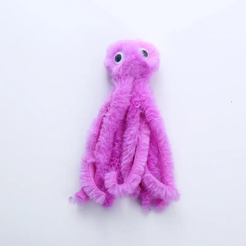 Cute octopus plush toy for cats, soft and durable with dangling tentacles, designed for biting, pouncing, and cuddling.