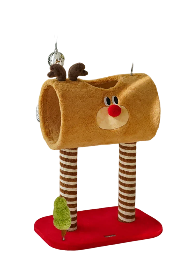 Christmas train-shaped cat climbing frame with cozy nest and platforms for play