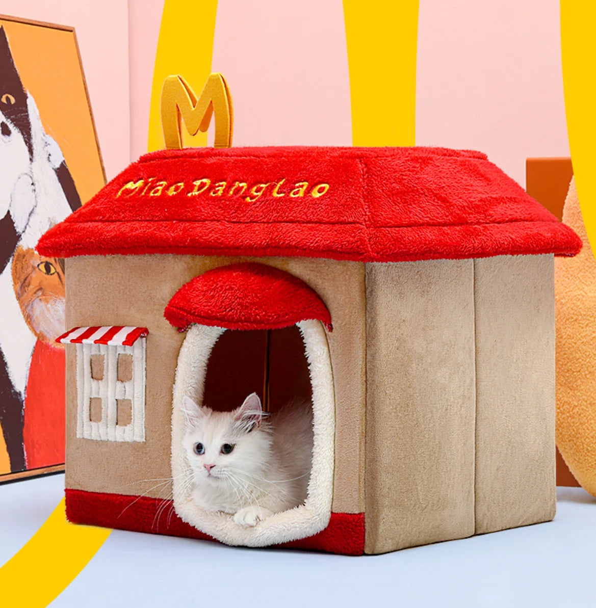 Removable enclosed pet cave for cats and dogs with washable winter design