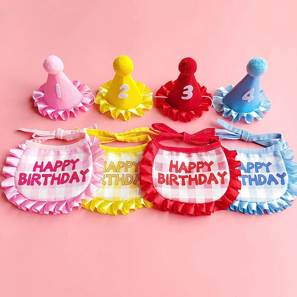 Small dog wearing birthday scarf and hat set for celebration or party