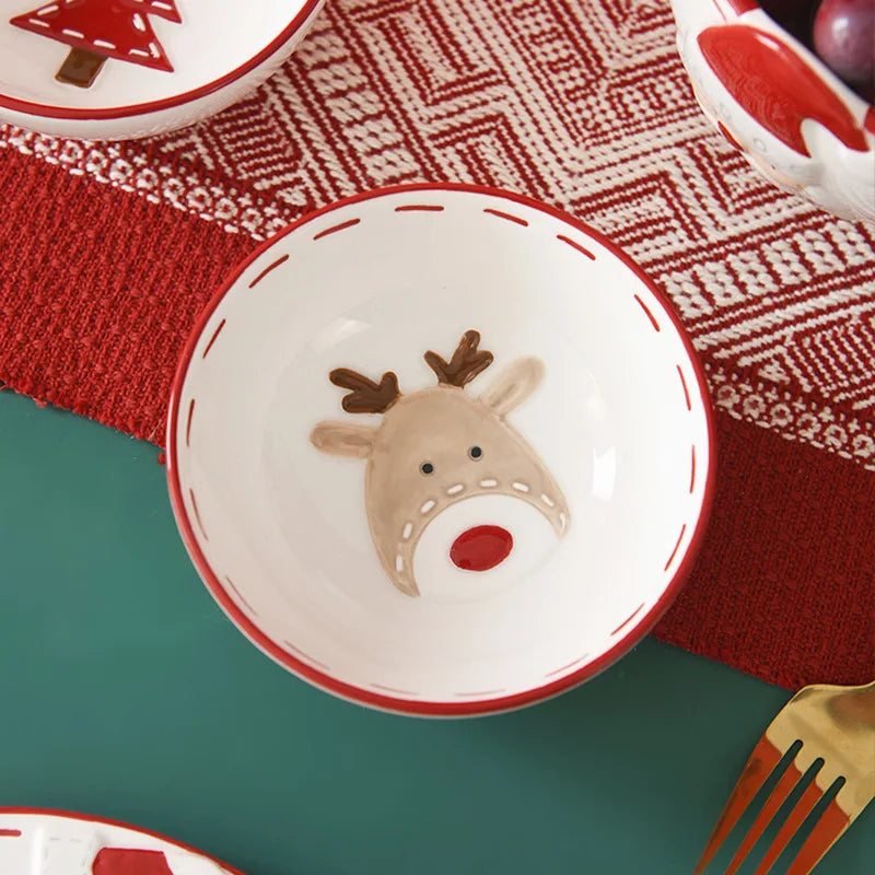 Santa ceramic pet bowl featuring a cute reindeer design, perfect for festive pet dining during the holidays.