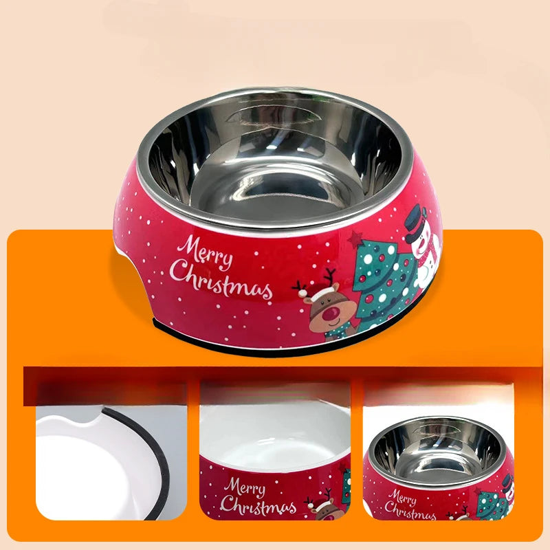 Christmas stainless steel pet bowl with festive designs and a hygienic interior for dogs and cats.