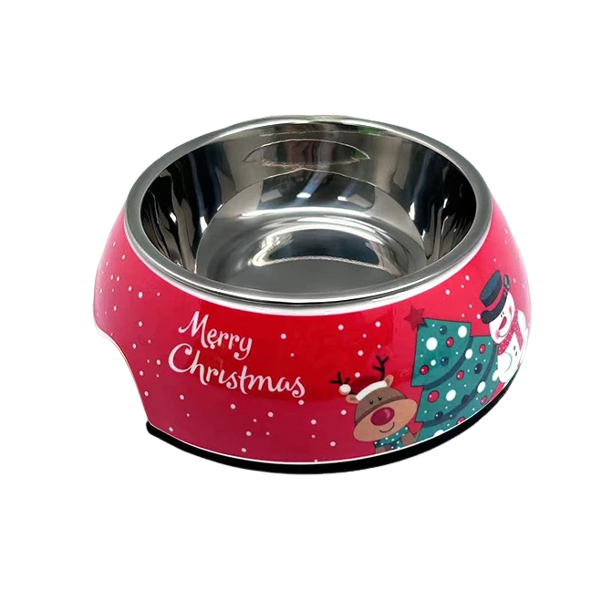 Christmas stainless steel pet bowl with festive decorations for dogs and cats, featuring reindeer and snowflakes.