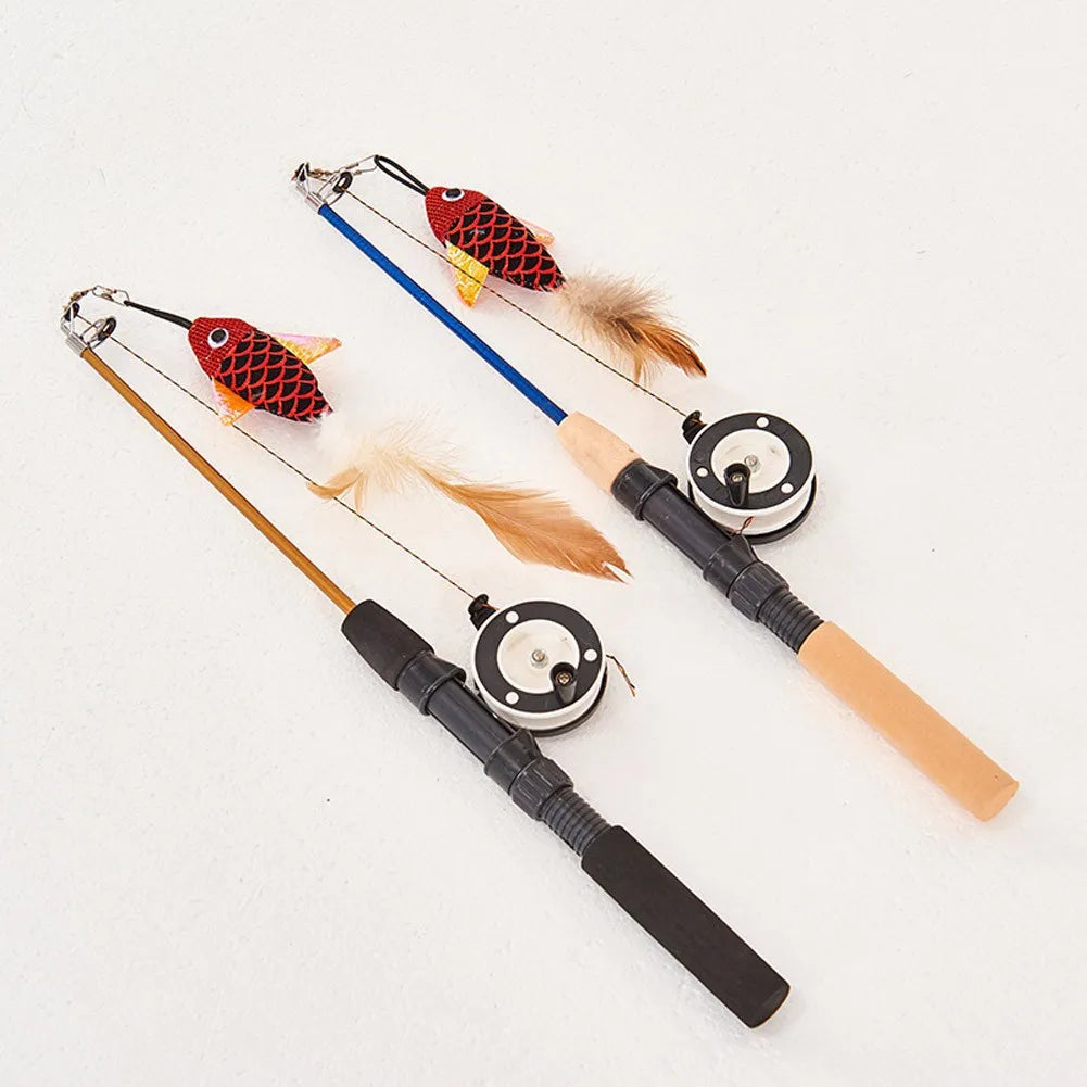 Telescopic cat teaser wand with fish-shaped feather toy