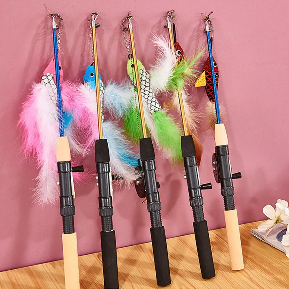 Telescopic cat teaser wand with fish-shaped feather toy