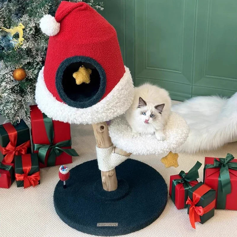 Christmas-themed American cat tree with climbing wall and sisal scratching posts