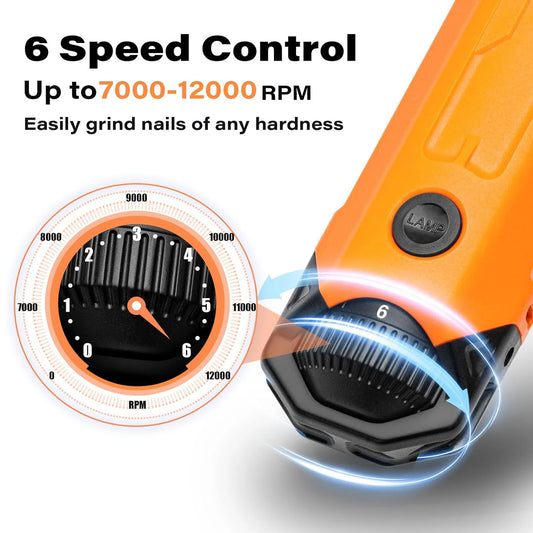6-speed pet nail grinder control dial with RPM settings for precise nail trimming of dogs and cats