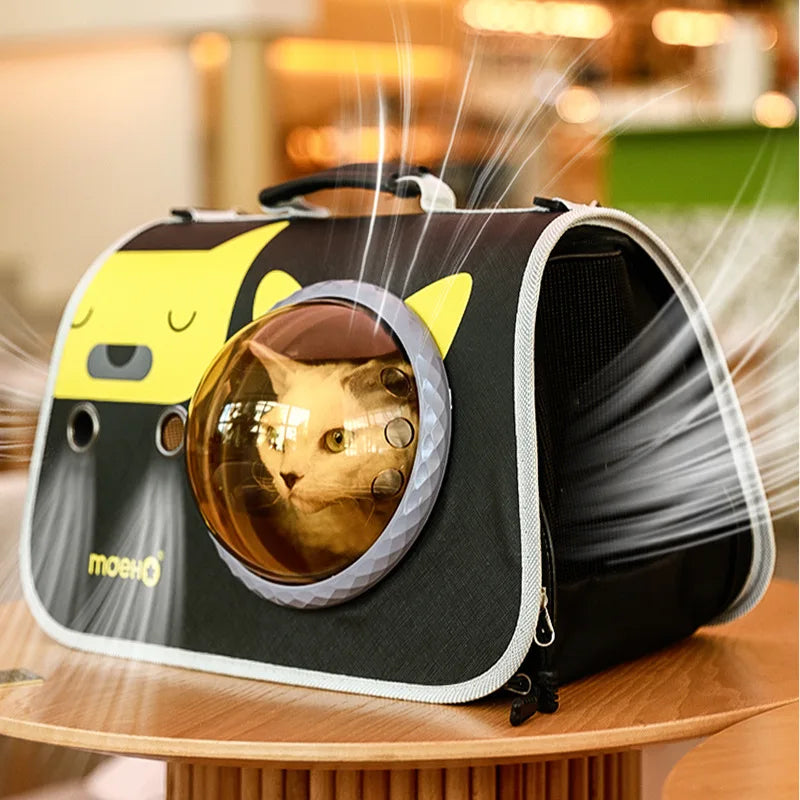 AstroView™ Premium Pet Carrier Backpack for pet travel bag with cat peeking through a clear window.