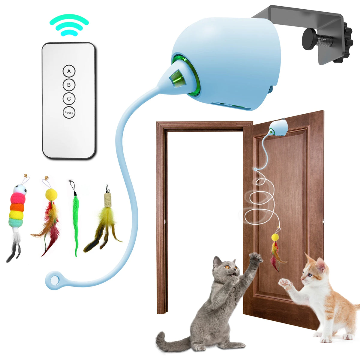 Interactive cat feather toy with remote control, featuring colorful attachments, installed on a door for indoor play.