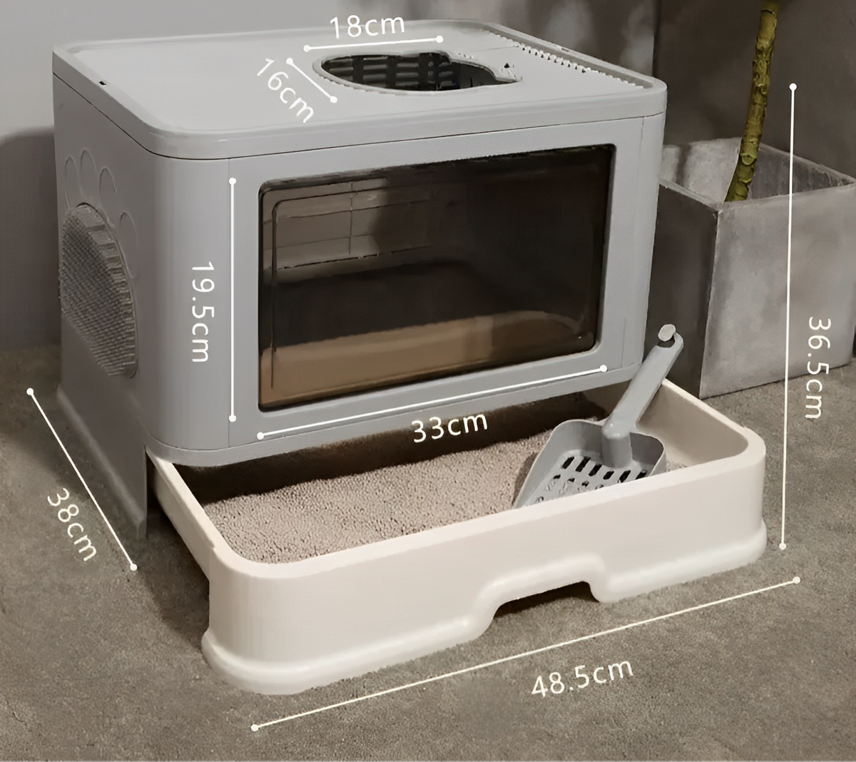 Square full closed cat litter box with large enclosed design, anti-splash walls, and pull-out drawer for easy cleaning and odor control.