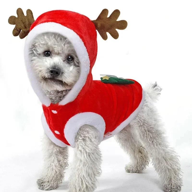 Christmas flannel hoodie with Santa and reindeer design for cats and small dogs
