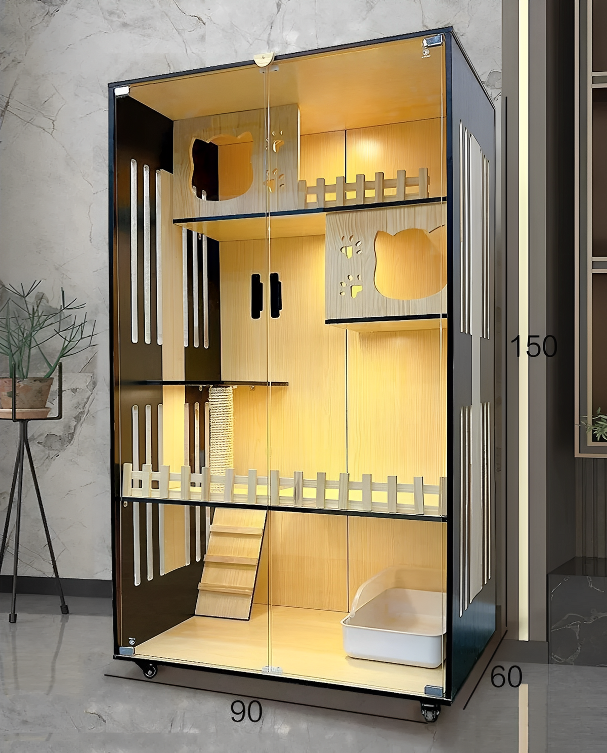 Spacious handcrafted wooden cat villa showcasing multi-level design with ramps and cozy hideaways for luxury cat villa.