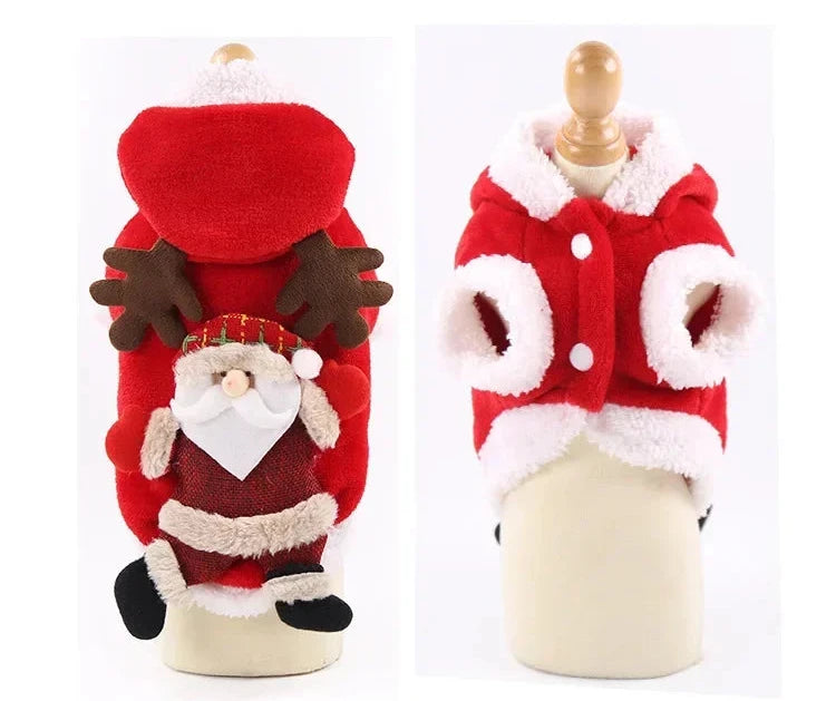 Christmas flannel hoodie with Santa and reindeer design for cats and small dogs