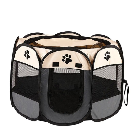 Foldable outdoor pet tent kennel with mesh panels for dogs and cats, portable and lightweight design
