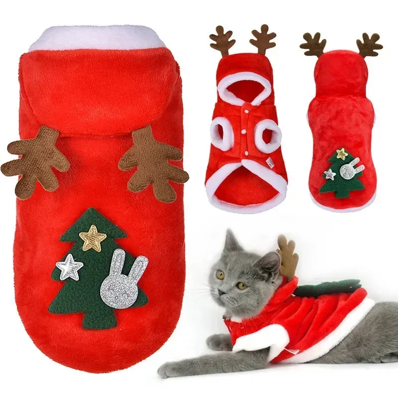 Christmas flannel hoodie with Santa and reindeer design for cats and small dogs