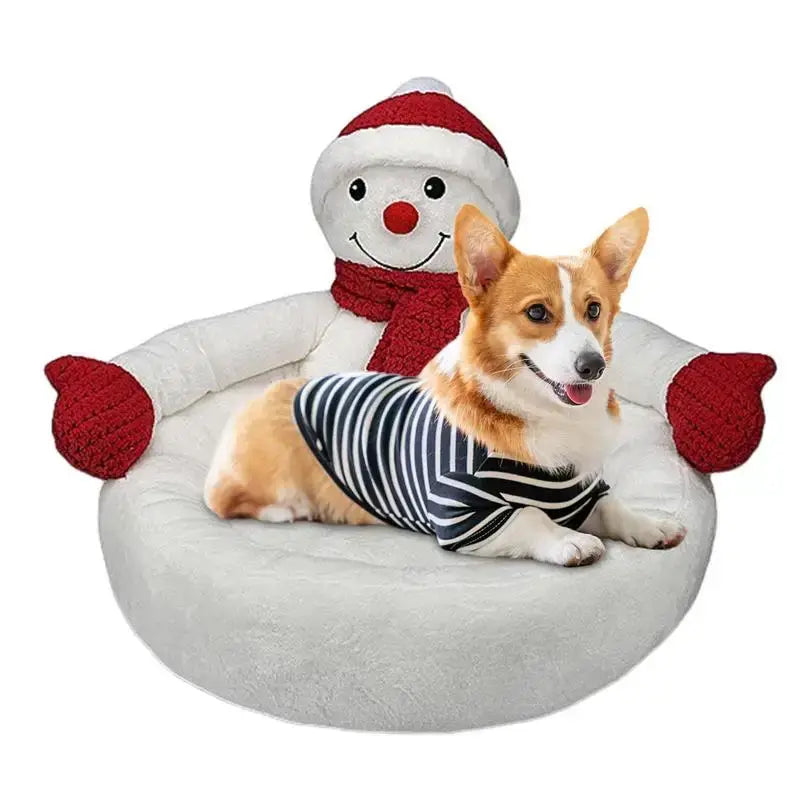 Snowman-shaped Christmas cat bed cave for winter comfort and festive holiday decor.