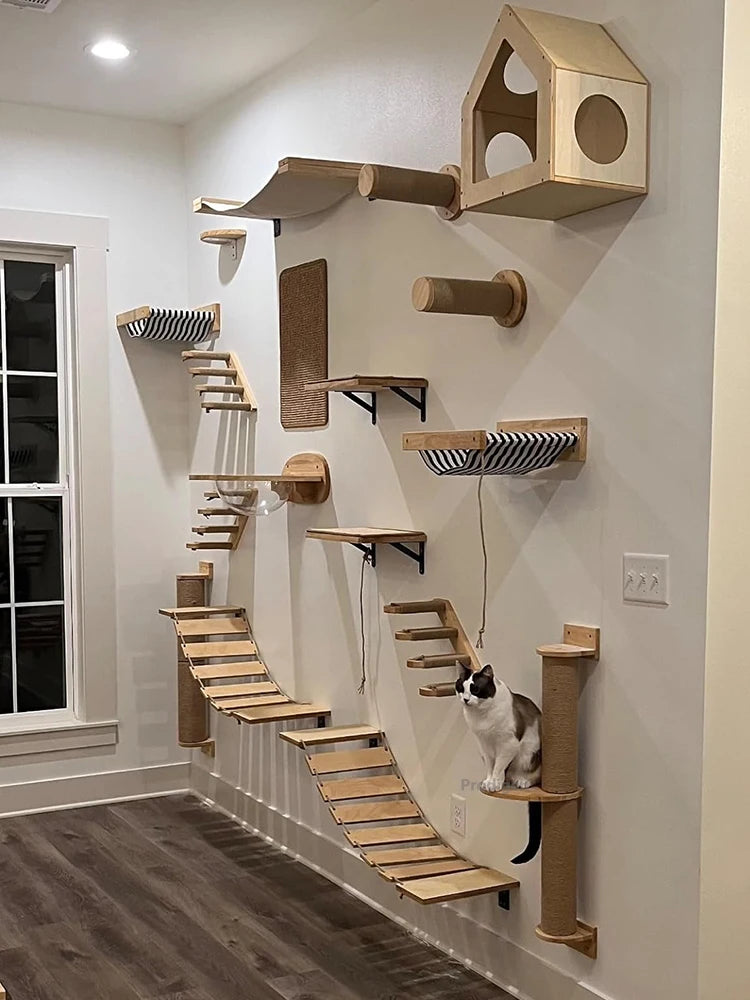 Wall-mounted cat shelf with sisal scratching posts and multi-level steps
