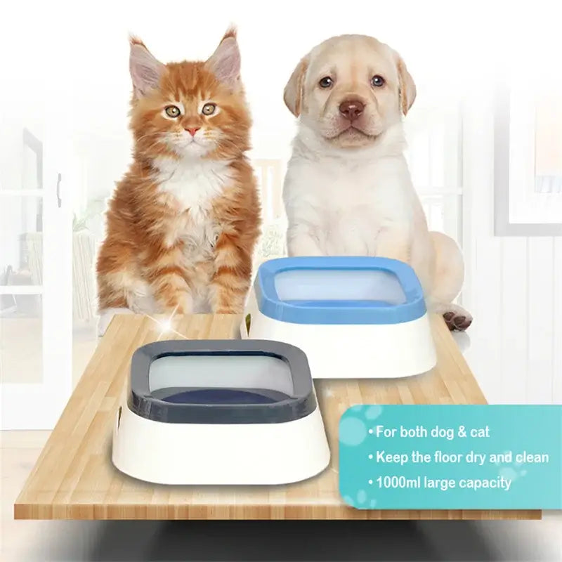 Anti-splash pet water bowl with 1L capacity and floating disk design, spill-proof solution for dogs and cats at home or on the go.