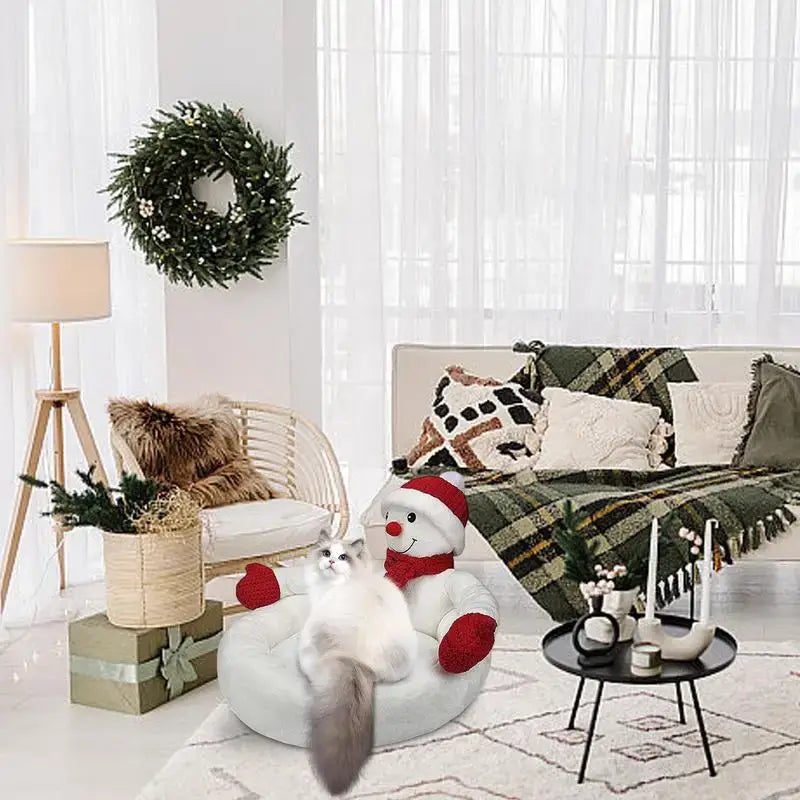 Snowman-shaped Christmas cat bed cave for winter comfort and festive holiday decor.