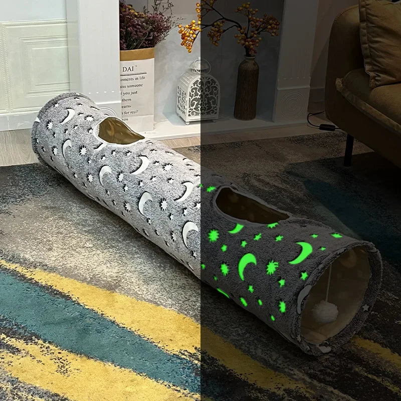 Glow-in-the-dark moon star cat tunnel and plush ball toy set for playful pets