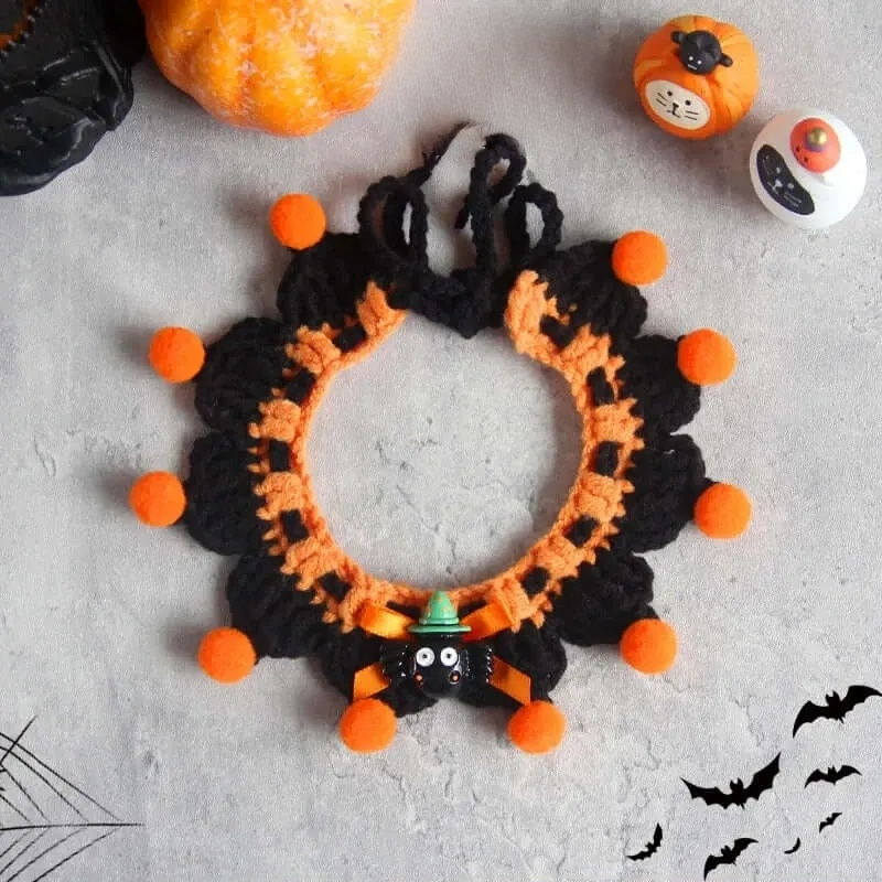 Hand-knit Halloween Pet Collar Bib for cats and dogs, perfect for adding a spooky touch to Halloween costumes.
